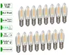A collection of LED filament bulbs arranged in two rows against a white background, with informational text labels on the left side. Produktbild-Vorschau