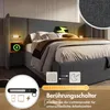A bed with a headboard, bedside tables with integrated lighting and charging, and bedding, with graphical overlays demonstrating features. Anteprima dell’immagine prodotto