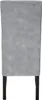 The back view of a single gray upholstered dining chair with black wooden legs. Produktbild-Vorschau