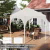A beige pop-up gazebo is set up on a wooden deck, with outdoor furniture and plants around it. Produktbild-Vorschau