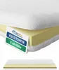 A close-up view of a mattress topper, showing its layered construction and a label with product information. Produktbild-Vorschau