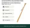 A wooden shoehorn and back scratcher with text describing its features. Produktbild-Vorschau