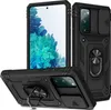 A black protective phone case with a sliding camera cover and a ring holder is displayed from multiple angles. Produktbild-Vorschau