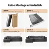 A four-panel infographic showing the steps to unpack and set up a sofa. Produktbild-Vorschau