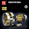 A detailed model of a jet engine, likely a building block set, is displayed on a black stand against a dark background. Text overlays and logos indicate branding and product information. Produktbild-Vorschau