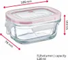 A glass food storage container with a pink lid and white clasps, with dimensions and capacity indicated by red arrows and text. Náhled obrázku produktu