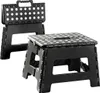 Two black folding step stools are shown against a white background. One is folded and upright, the other is open and in use. Produktbild-Vorschau