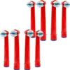 A group of red electric toothbrush heads with blue and white bristles, arranged in two rows against a white background. Produktbild-Vorschau