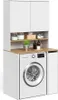 A white washing machine cabinet with a wooden countertop and shelves, featuring a washing machine and various storage items. Produktbild-Vorschau