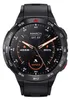 A close-up view of a black smartwatch with a detailed watch face displaying time, date, and fitness metrics. Náhled obrázku produktu