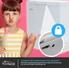 A young girl holding an ice pop is shown next to a white freezer. A close-up inset highlights the freezer's lock mechanism, and a blue circle with a padlock icon is overlaid on the image. Produktbild-Vorschau