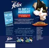 A cat food advertisement featuring a cat peeking through a torn paper background, with product packaging and a bowl of cat food. Produktbild-Vorschau