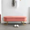 A pink velvet bench with gold legs is shown in a room with a white wall and gray floor. There are two slippers on the floor in front of the bench. Náhľad obrázku produktu