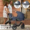 A couple pushing a navy blue baby stroller on a street. Produktbild-Vorschau