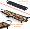 A collage of images showing an electric grill with food being cooked on it, and a close-up of the grill plate. Produktbild-Vorschau