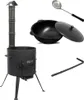 A collection of cooking equipment, including a portable stove, a cast iron pot with a lid, a skimmer, and a poker. Produktbild-Vorschau