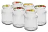 Six clear glass jars with decorative lids featuring fruit illustrations, arranged in two rows. Náhled obrázku produktu