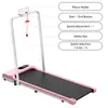 A pink treadmill with labels pointing out its features. Produktbild-Vorschau