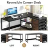 A black L-shaped desk with wood-grain drawers and shelves, shown in two configurations (left and right) with text labels. Anteprima dell’immagine prodotto