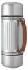 A silver thermos bottle with a brown leather handle is shown against a white background. Voir les images du produit