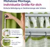 A person is measuring a green curtain, with close-ups of curtain hanging mechanisms. Produktbild-Vorschau