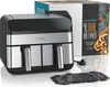A dual-chamber air fryer is shown in front of its packaging. Produktbild-Vorschau