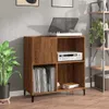 A wooden cabinet with a record player and stereo system on top, and records stored inside. Produktbild-Vorschau