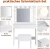 A collage of images showcasing a white vanity table set with a mirror, LED lights, and a stool, highlighting its features. Voir les images du produit