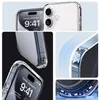 A collage of images showing a clear phone case for an iPhone 14 Pro, highlighting its design and protective features. Produktbild-Vorschau