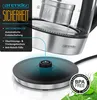 A close-up marketing image of a kettle and its base, highlighting safety features and material composition. Produktbild-Vorschau