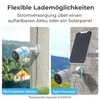 Two images showing a security camera with different power options: one with a rechargeable battery and another with a solar panel. Produktbild-Vorschau