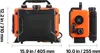 Two views of an orange and black diesel heater with dimensions indicated. Produktbild-Vorschau