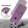 A phone case with glitter is shown on a cracked concrete surface, with a circular inset demonstrating its shockproof feature. Náhled obrázku produktu