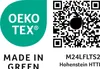 The image displays OEKO-TEX and Made in Green certifications, along with a QR code and product identification numbers. Produktbild-Vorschau