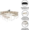 An outdoor furniture set with a corner sofa, table, and stools, presented with feature callouts. Produktbild-Vorschau