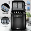 A black ice maker is shown with various marketing callouts and close-up views of its features. Podgląd zdjęcia produktu