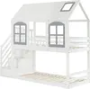 A white bunk bed designed like a house with windows and a roof, shown from a side-angle. Produktbild-Vorschau