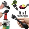 Collage of images showing a multi-tool being used for various tasks like opening cans, cutting food, and opening bottles. Produktbild-Vorschau
