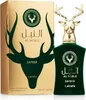 A product shot of a perfume bottle and its packaging, both featuring a deer motif and gold and green color scheme. Voir les images du produit