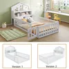 A child's bed with safety rails and a headboard with storage, shown in a room setting and in two different configurations. Náhľad obrázku produktu