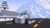 A cartoon dog driving a snow vehicle on a snowy road with mountains in the background. Produktbild-Vorschau