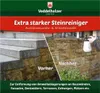 A split image showing a before and after of stone cleaning. The left side shows dirty stone steps and wall, labeled 'Vorher' (Before). The right side shows clean stone wall, labeled 'Nachher' (After), with a hand spraying a cleaning product. Text at the to Produktbild-Vorschau