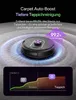 A robot vacuum cleaner is shown on a carpet, with a graphic overlay highlighting its cleaning capabilities. Produktbild-Vorschau