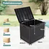 A black storage box with its lid open, showing dimensions and smaller box examples. Voir les images du produit