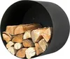 A black, round metal log holder filled with firewood, presented against a white background. Produktbild-Vorschau