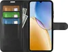 A black leather wallet-style phone case with a phone inserted and cards and money in the slots. Produktbild-Vorschau