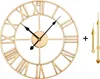 A gold-colored wall clock with Roman numerals and a set of clock hands. Voir les images du produit