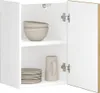 An open white cabinet with shelves, containing bowls, plates, and a mug. Podgląd zdjęcia produktu