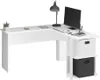 A white L-shaped desk with a computer monitor, keyboard, mouse, lamp, and storage bins. Podgląd zdjęcia produktu