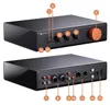 A top and bottom view of a black Fosi Audio ZP3 HiFi amplifier with orange accents and numbered labels pointing to various ports and controls. Produktbild-Vorschau